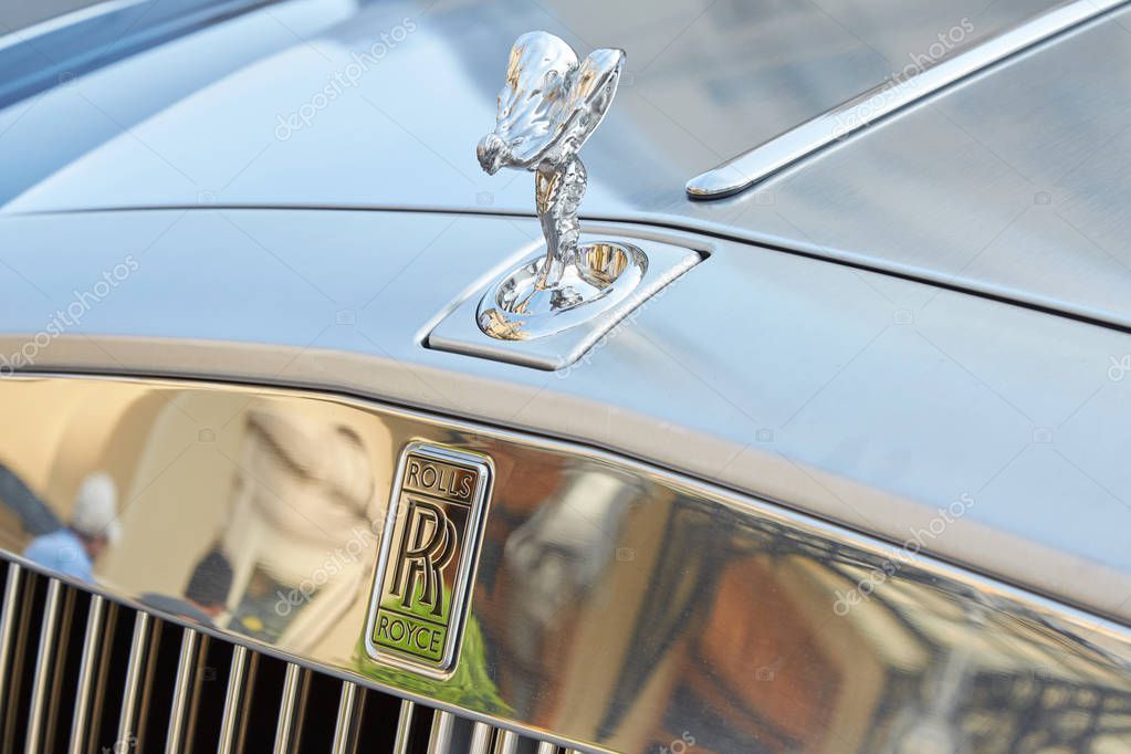 MONTE CARLO, MONACO - AUGUST 19, 2016: Rolls Royce gray luxury car statue and logo in a summer day in Monte Carlo, Monaco.