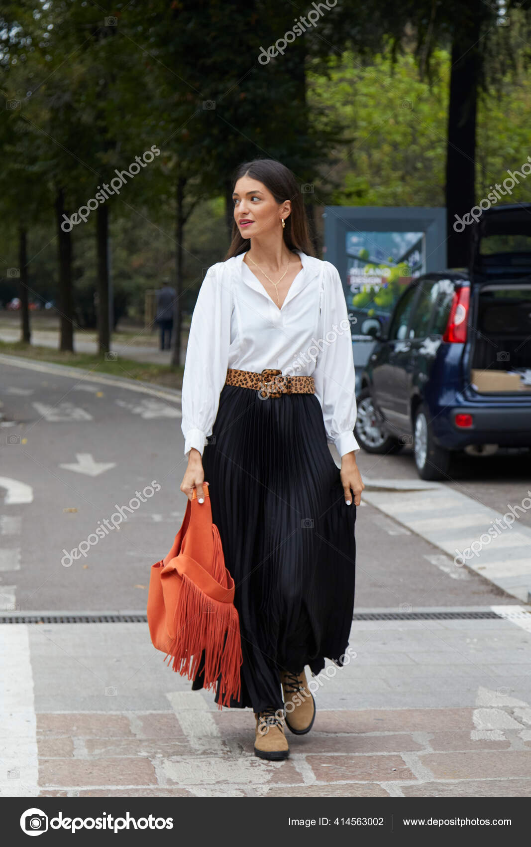 Milan Italy September 2020 Woman Long Pleated Skirt Orange Bag