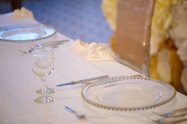 Tablo düzenleme bir resmi olay veya şeffaf pilakalar ve altın ayrıntıları, cam ve gümüş sırasına göre bir kağıt çiçekler duvara set kullanmak featuring iyi yemek restoran oturan