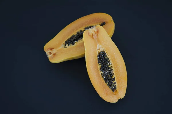 Fruit Angles Tropical Papaya Fruit Cut Half Placed Dark Blue — Stock Photo, Image