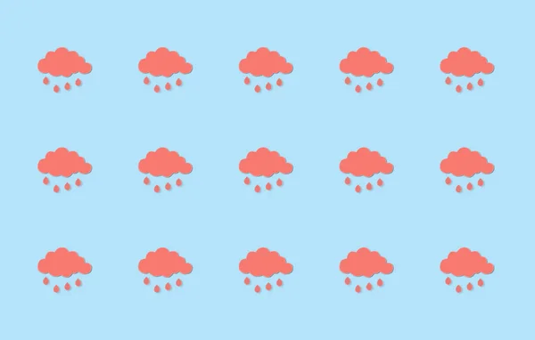 Cute coral pink clouds with rain drops, repeated pattern on a blue background. Seamless pattern of children cartoon-like background with light and fluffy clouds, weather or rainy days concepts.