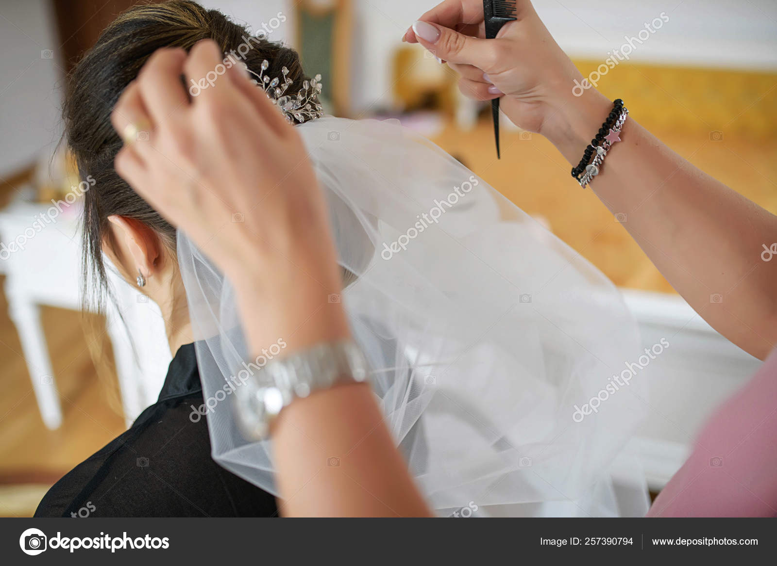 Young Caucasian Bride Getting Her Hair Done Her Wedding Day