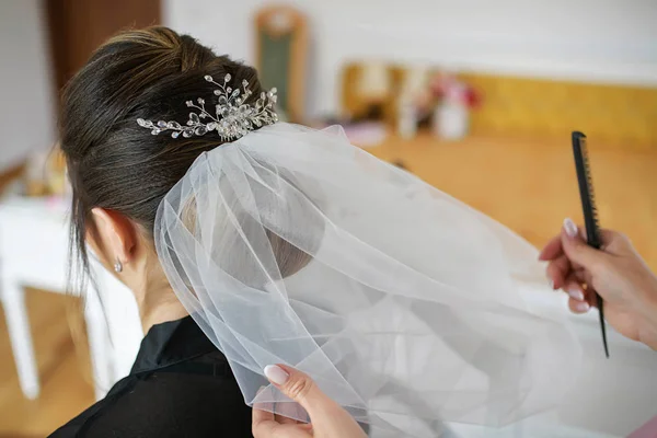 Young Caucasian bride getting her hair done for her wedding day. Hair stylist working on a woman's dark hair, setting a tulle veil in a sophisticated coiffure using bobby pins and a fine-toothed comb