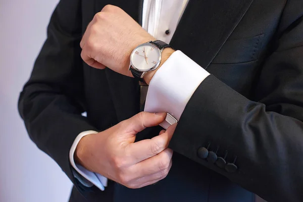 Close Shot Young White Caucasian Male Black Tie Fixing His — Stock Photo, Image