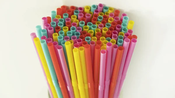 Multi Colored Plastic Drinking Straws Held Together Neutral Background Single — Stock Photo, Image