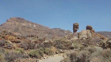 Roque de Garcia ve aşınmış dağ Alto de Guajara doğru Teide Milli Parkı çevreleyen volkanik mineral manzara ve endemik bitki örtüsü ile Yol, Tenerife, Kanarya Adaları, İspanya