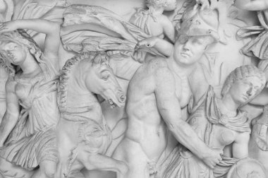 Vatican Museum, Rome, Italy - July 3, 2015: marble bas-relief of the sarcophagus representing the battle between the Greeks and the Amazons with detail of Achilles and dying Penthesilea in his arms clipart