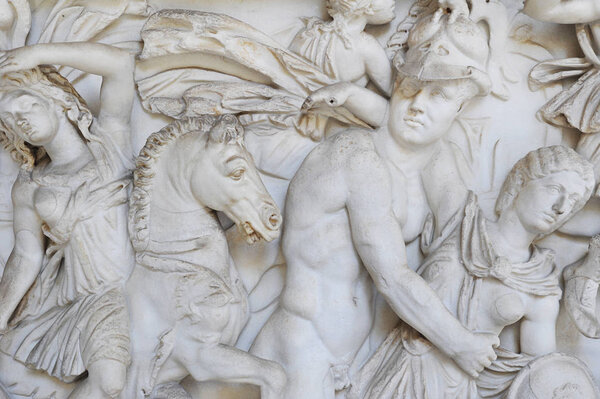 Vatican Museum, Rome, Italy - July 3, 2015: marble bas-relief of the sarcophagus representing the battle between the Greeks and the Amazons with detail of Achilles and dying Penthesilea in his arms
