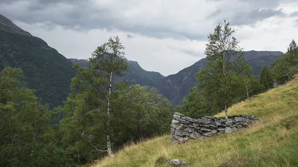 Wędrówki Przez Surową Przyrodę Górami Klifami Lasami Otaczającymi Wioskę Geiranger — Zdjęcie stockowe