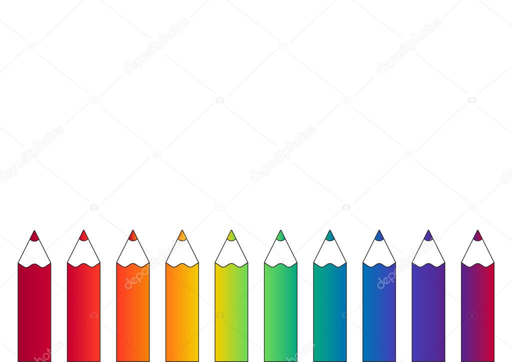 Gradient of bright colored rainbow clip art style pencils framing the bottom edge with copy space and white background, playful pattern for schools, nurseries or children's birthday party invitations