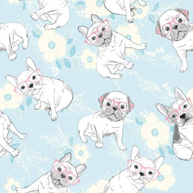 Çizgi filmlerdeki köpek yavrularıyla kusursuz bir model. Arka plan, duvar kağıdı, kumaş ve diğer tasarımlar için kullanılabilir. Fransız Bulldog deseni