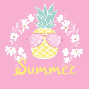 ananas ile gözlük tropikal, vektör, çizim, tasarım, egzotik, gıda, meyve