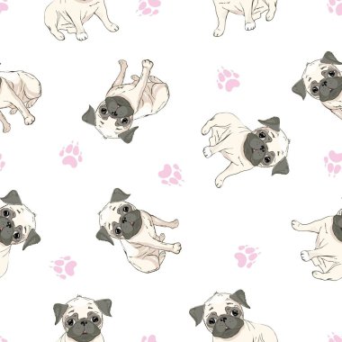 Çizgi filmlerdeki köpek yavrularıyla kusursuz bir model. Arka plan, duvar kağıdı, kumaş ve diğer tasarımlar için kullanılabilir. Fransız Bulldog deseni