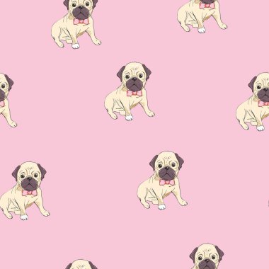 Komik karikatür görüntü ile Seamless Modeli kukla mavi bir arka plan üzerinde pugs. Vektör çizim.
