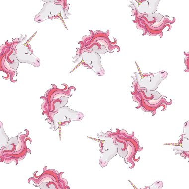 Tek boynuzlu at seamless modeli. Gökkuşağı yele ve boynuz yıldız düz mor zemin üzerine tek boynuzlu atlar. Vektör çizim.