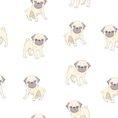 Çizgi filmlerdeki köpek yavrularıyla kusursuz bir model. Arka plan, duvar kağıdı, kumaş ve diğer tasarımlar için kullanılabilir. Fransız Bulldog deseni