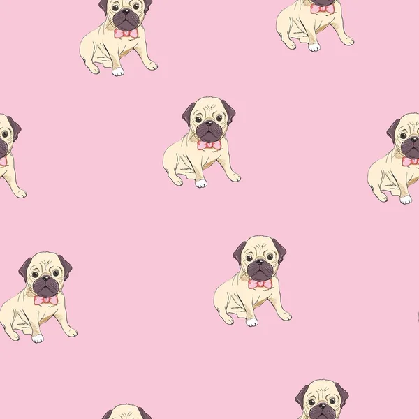 Padrão Sem Costura Com Imagem Engraçado Desenhos Animados Pugs Filhotes — Vetor de Stock