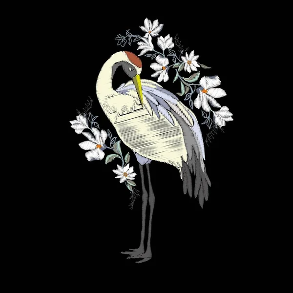 Вишивка Крановим Птахом Модні Прикраси Дизайн Елемент Вектор — стоковий вектор