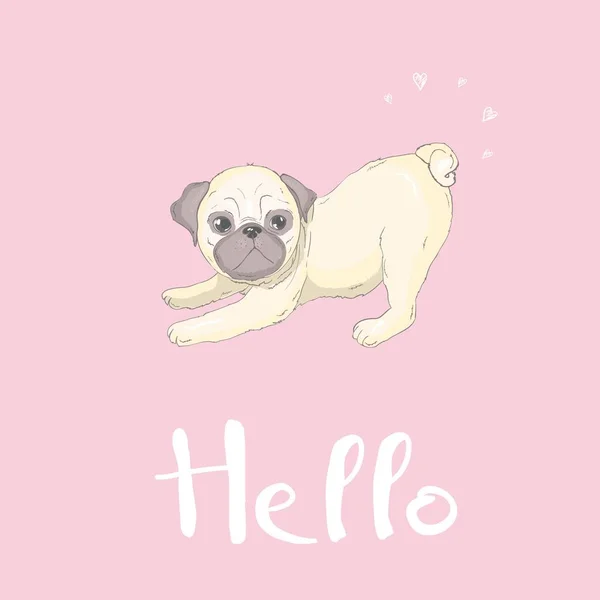 かわいいパグとピンクの背景 犬のベクトル図に幸せそうな顔 — ストックベクタ