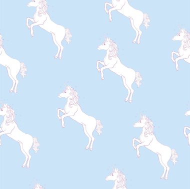 Tek boynuzlu at seamless modeli. Gökkuşağı yele ve boynuz yıldız düz mor zemin üzerine tek boynuzlu atlar. Vektör çizim. Beyaz tek boynuzlu at kafası ile şirin sihirli fantezi duvar kağıdı.