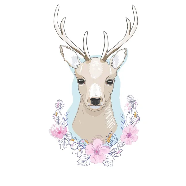 Watercolor vector illustration isolated deer, big antlers, flowers and birds on the horns, branches cherry flowering plant,Bird red cardinal, bird bullfinch — Stock Vector