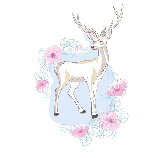 Watercolor vector illustration isolated deer, big antlers, flowers and birds on the horns, branches cherry flowering plant,Bird red cardinal, bird bullfinch — Stock Vector