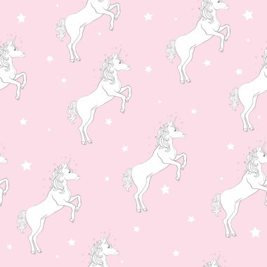 Tek boynuzlu at seamless modeli. Gökkuşağı yele ve boynuz yıldız düz mor zemin üzerine tek boynuzlu atlar. Vektör çizim.