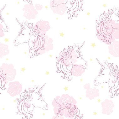 Tek boynuzlu at seamless modeli. Gökkuşağı yele ve boynuz yıldız düz mor zemin üzerine tek boynuzlu atlar. Vektör çizim.