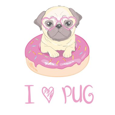 Gözlük ve pembe çörek, köpek vektör, illüstrasyon mutlu yüz sevimli pug.
