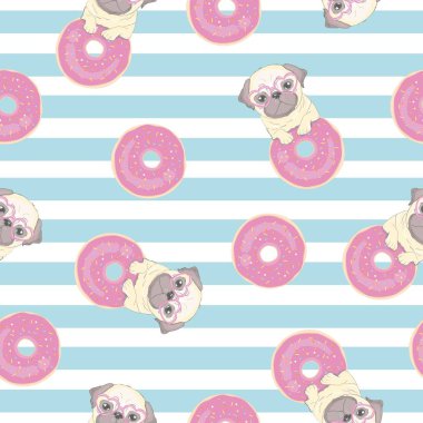 Komik pug ve çörek ile pembe seamless modeli.