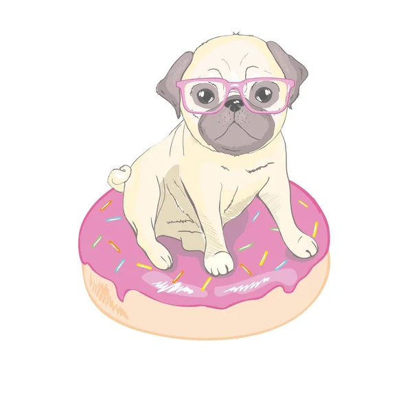 Söt Mops Glasögon Och Glada Ansikte Rosa Donut Hund Vektor — Stock vektor