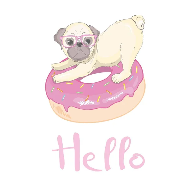 Lindo Pug Gafas Feliz Cara Rosado Donut Perro Vector Ilustración — Archivo Imágenes Vectoriales