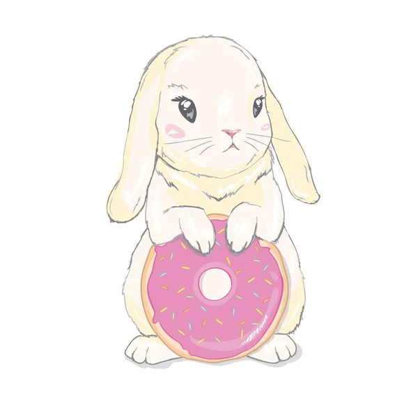 Schattige Kleine Konijntje Met Donut Ballonnen Vector Hand Getekende Illustratie — Stockvector