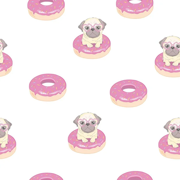Roze Naadloos Patroon Met Grappige Mops Donut — Stockvector