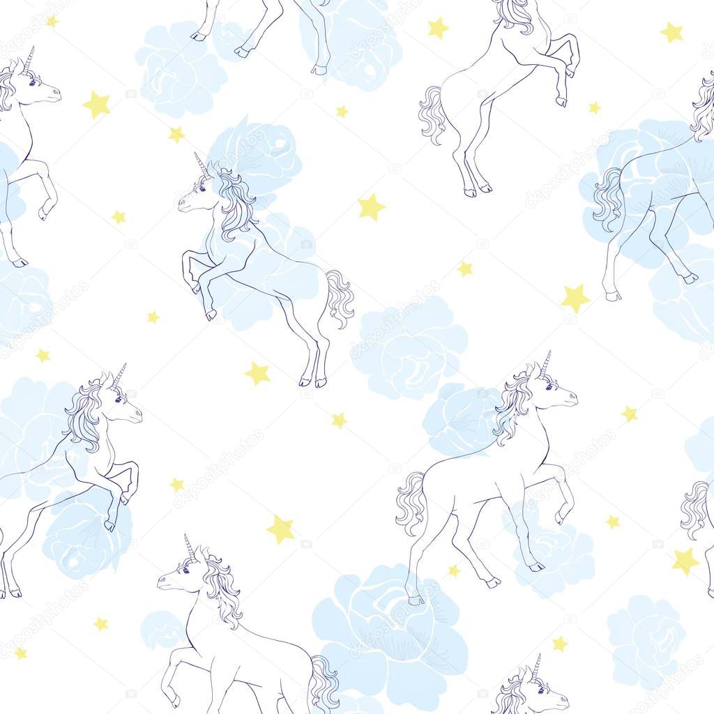 Unicorn seamless pattern. Unicorns with rainbow mane and horn on flat purple background with stars. Vector illustration.