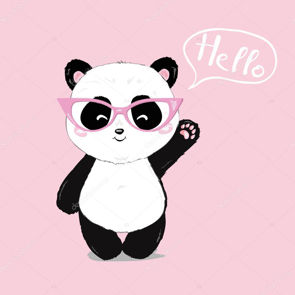 Panda with glasses vector illustration, cute Panda isolated on pink background