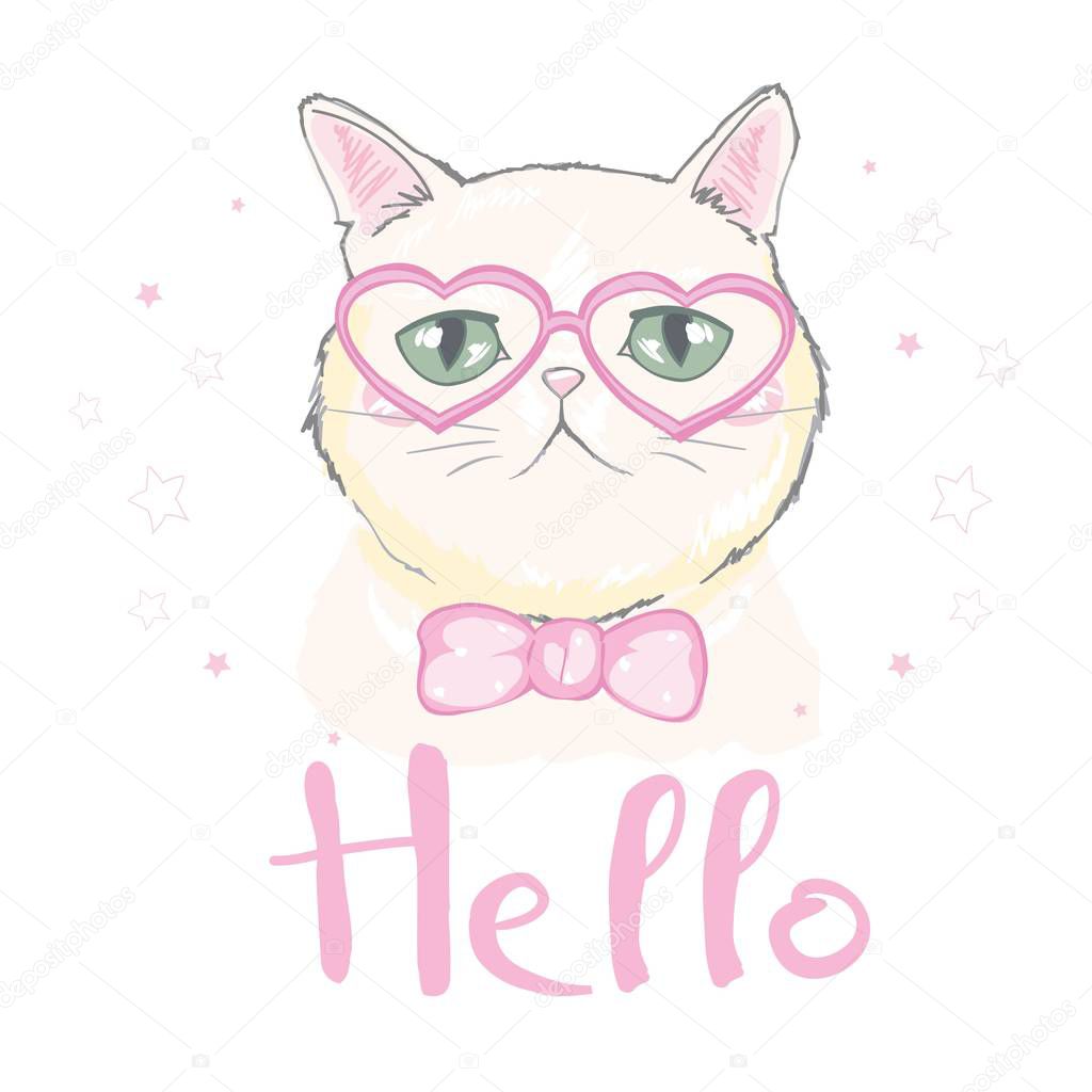 Ute cat with glasses design. Kids illustrations for school books and more.