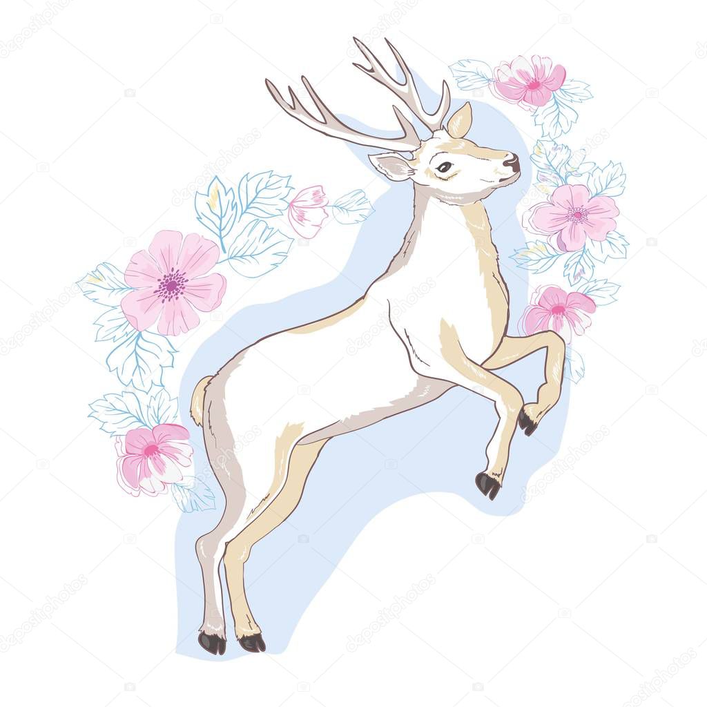 isolated deer, vector, illustration , big antlers flowers on the horns