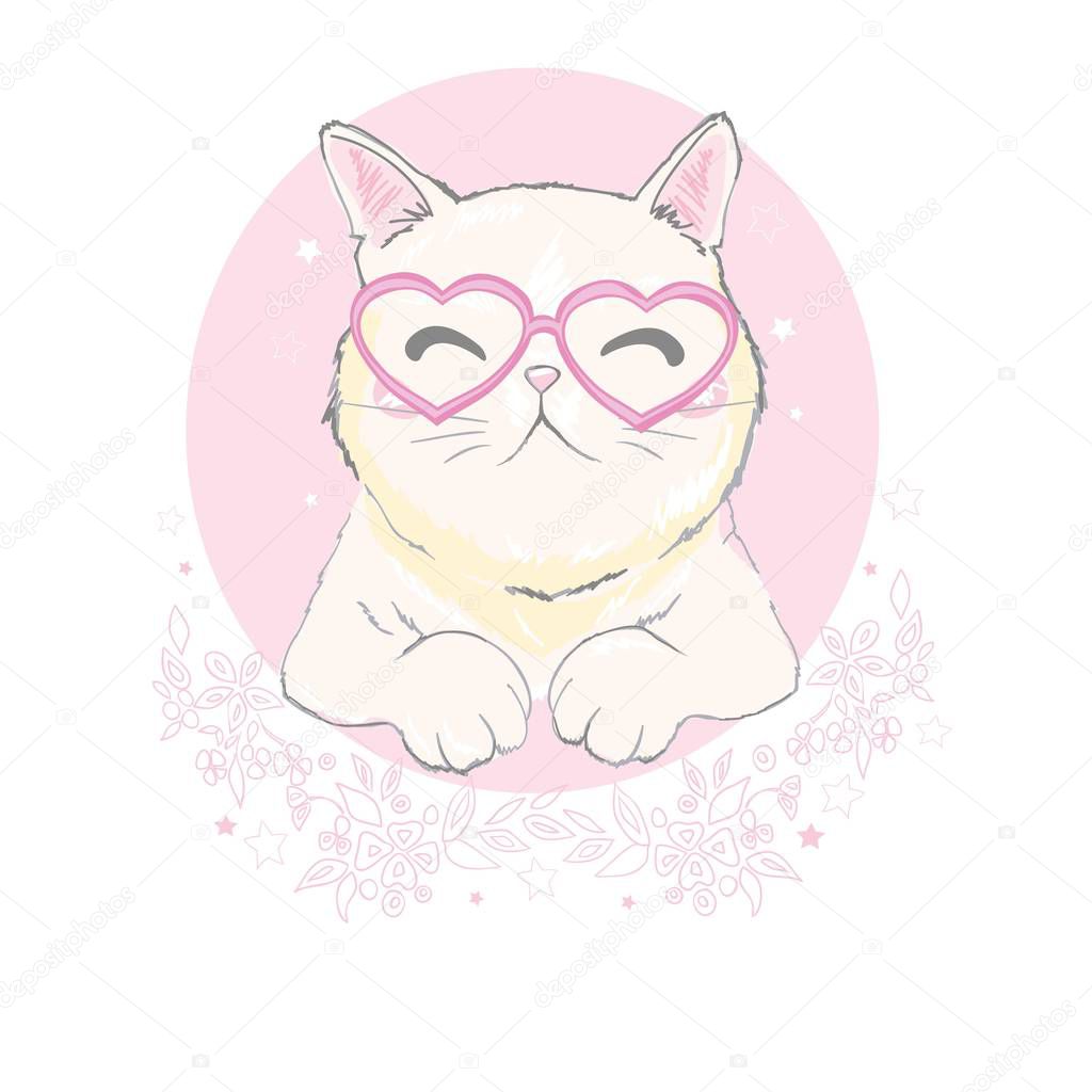 Ute cat with glasses design. Kids illustrations for school books and more.