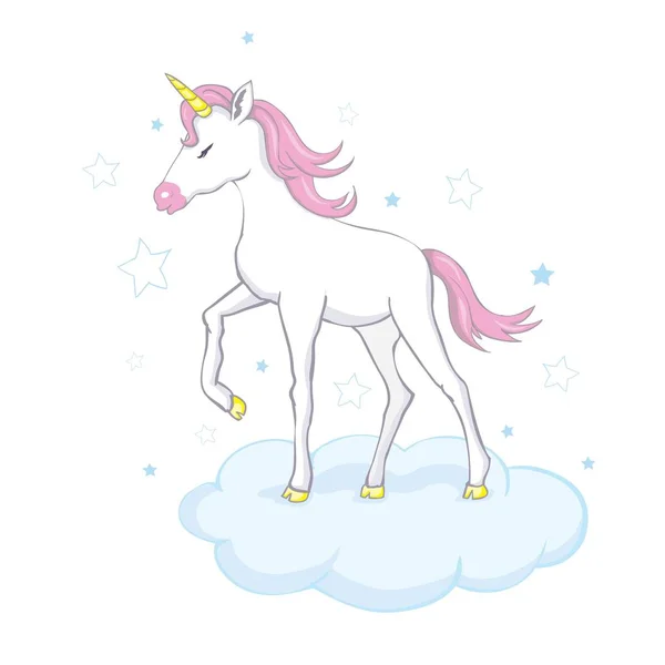 Lindo Vector Unicornio Personaje Mágico Con Melena Rosa Rodeado Polvo — Vector de stock