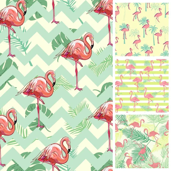 Aranyos Készlet Rózsaszín Flamingo Trópusi Rezgések Zökkenőmentes Mintákat Vektorillusztráció — Stock Vector