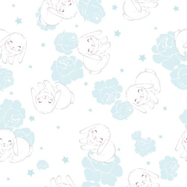 Çocuklar için karikatür tavşan ile Seamless modeli. Vektör, illüstrasyon, sevimli hayvanlar.