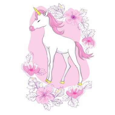 Sevimli vektör tek boynuzlu at. Pembe yele ile sihirli karakter.