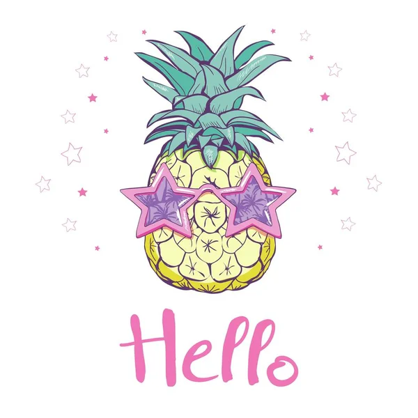 Ananas Mit Gläsern Design Exotisch Hintergrund Lebensmittel Obst Illustration Natur — Stockvektor