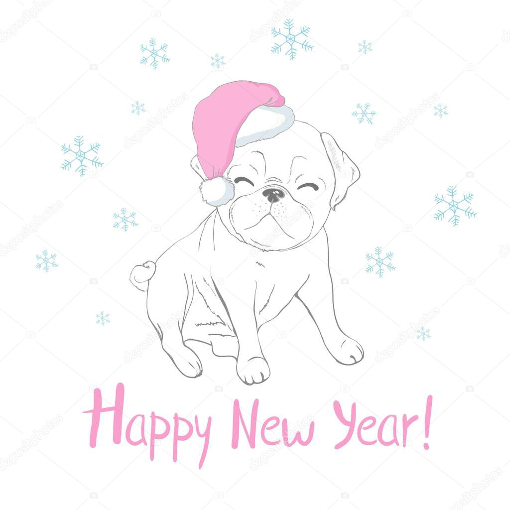 Cute puppy in a New Year hat. Vector illustration. Pedigree dog. Santa Claus. New Year's and Christmas.