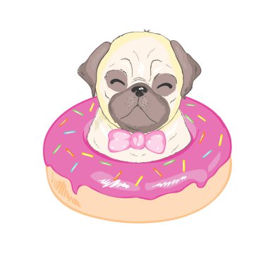 Gözlük ve pembe çörek, köpek vektör, illüstrasyon mutlu yüz sevimli pug.