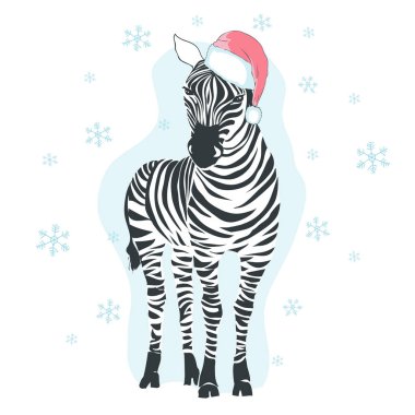 Beyaz arka plan üzerinde vektör yeni yıl illüstrasyon izole Noel Baba şapkalı grafik zebra