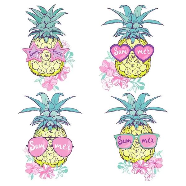 Ananas Met Glazen Design Exotische Achtergrond Voedsel Fruit Illustratie Natuur — Stockvector