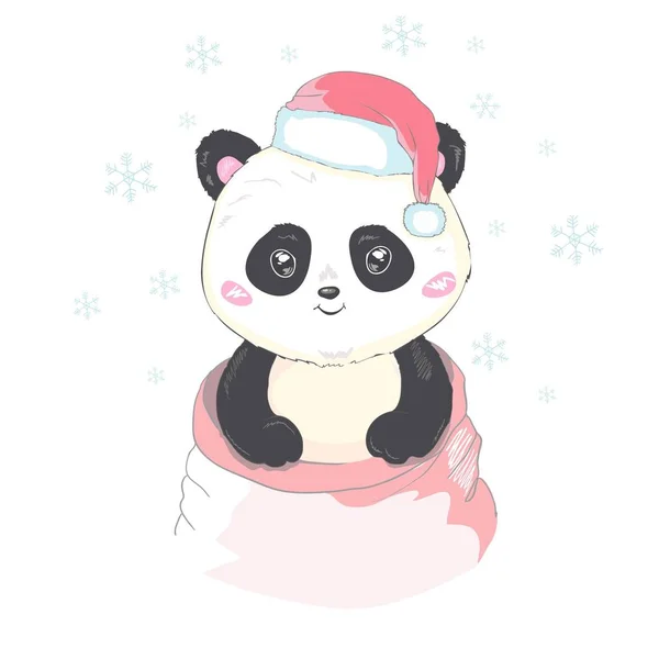 Panda Bonito Chapéu Papai Noel Saco Vermelho Com Presentes Imagem — Vetor de Stock