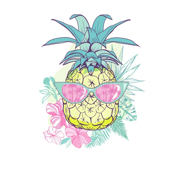 Ananas Mit Gläsern Design Exotisch Hintergrund Lebensmittel Obst Illustration Natur — Stockvektor
